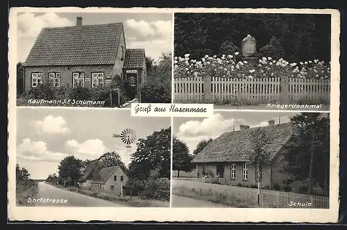 AK Hasenmoor, Kaufmann J. F. Schümann, Dorfstrasse, Kriegerdenkmal, Schule