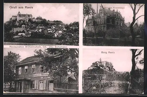 AK Ranis, Ortsansicht, Städt. Krankenhaus, Burg Ranis, Restaurant Wilhelmshain