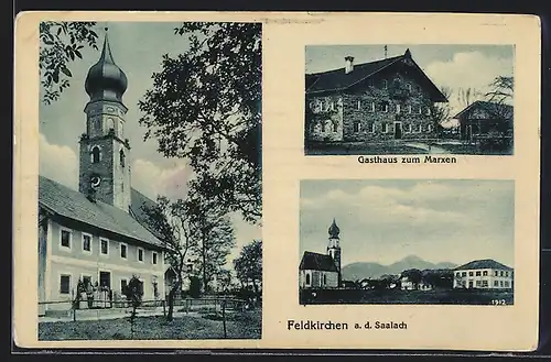 AK Feldkirchen a. d. Saalach, Gasthaus zum Marxen, Kirche, Teilansicht