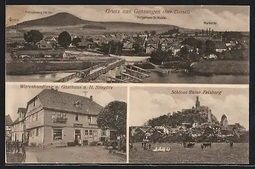 AK Gensungen, Ortsansicht mit Kurpension Dr. Nicolai und Molkerei, Gasthaus von H. Stieglitz, Schlossruine Felsburg
