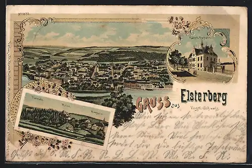 Lithographie Elsterberg /Vogtl.-Schweiz, Ruine mit Gasthaus Burgkeller und Turnhalle, Kaiserliches Postamt, Teilansicht