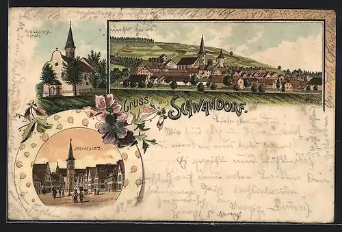 Lithographie Schwandorf, Teilansicht, Marktplatz, Kreuzberg-Kirche