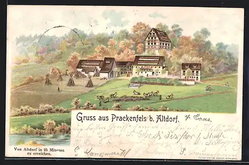 Lithographie Prackenfels b. Altdorf, Ortspartie