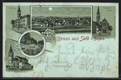 Mondschein-Lithographie Selb /Bay., Kirchen, Rathaus, Egerthal (Hirschensprung), Gesamtansicht
