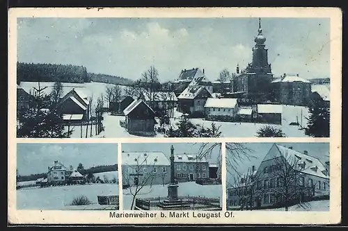 AK Marienweiher bei Markt Leugast /Of., Ortsansicht, Denkmal und Gebäude im Winter