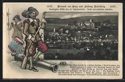 Passepartout-AK Kronach, Ortsansicht mit Burg und Festung Rosenberg, Landsknechte mit Kanone und Trommel