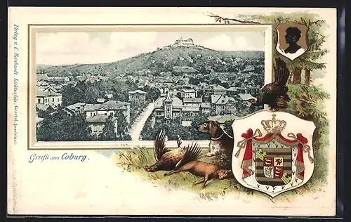 Passepartout-Lithographie Coburg, Totalansicht, Wappen, Jagdhund mit Beute