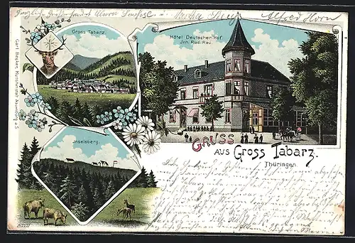 Lithographie Gross Tabarz /Th., Hotel Deutscher Hof R. Rau, Inselsberg, Gesamtansicht, Hirsch