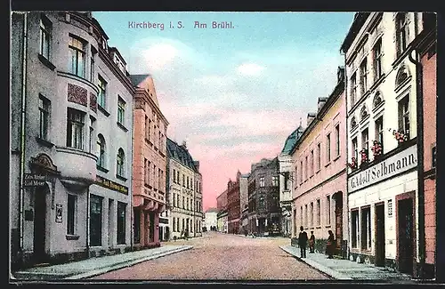 AK Kirchberg i. S., Strasse am Brühl mit Gewerbe G. Adolf Selbmann