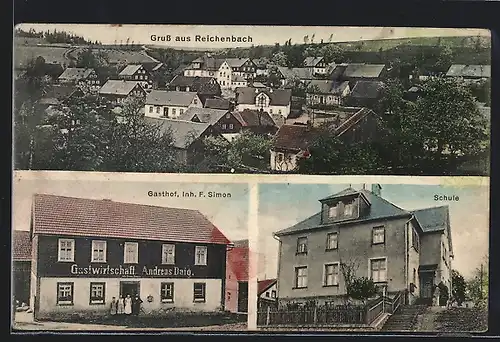 AK Reichenbach, Gasthof Andreas Daig / F. Simon, Schule, Ortsansicht aus der Vogelschau