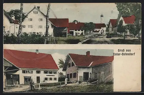 AK Unter-Ostendorf, Strassenpartie mit Kirche, Ortspartie mit Geschäftshaus