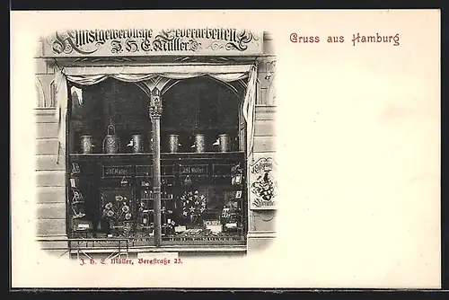 AK Hamburg, Bergstrasse 23, Geschäft J. H. E. Müller, Kunstgewerbliche Lederarbeiten, Schaufenster