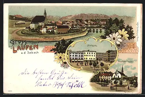 Lithographie Laufen /Salzach, Kapuziner-Kloster, Stadtplatz, Panorama