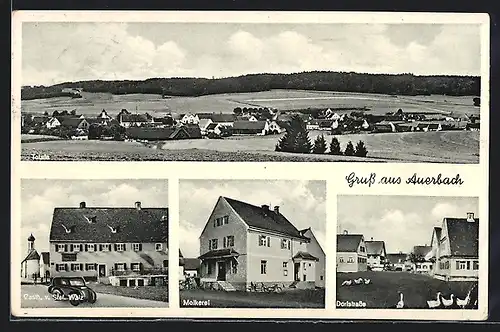 AK Auerbach, Gasthaus S. Walz, Molkerei, Strassenpartie mit Gänsen, Totalansicht