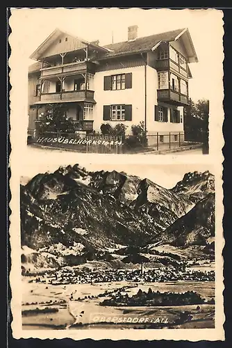 AK Oberstdorf i. All., Haus Übelhörner, Bergpanorama mit Ortsansicht