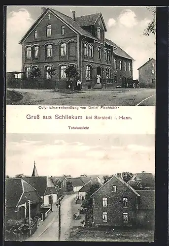 AK Schliekum b. Sarstedt i. Hann., Colonialwarenhandlung von Detlef Fischhöfer, Totalansicht