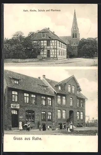 AK Ruthe, Kath. Kirche, Schule und Pfarrhaus, Colonialwaren-Tabak-Cigarren Handlung