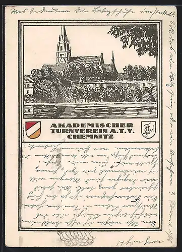 Künstler-AK Chemnitz, Akademischer Turnverein A. T. V., Stadtansicht, Wappen