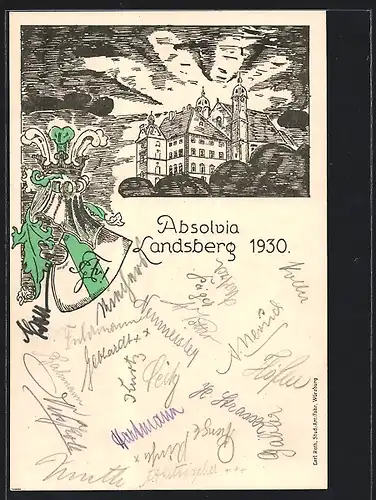 Künstler-AK Landsberg, Absolvia 1930, Wappen, Krone, Maltheserkirche und Realschule