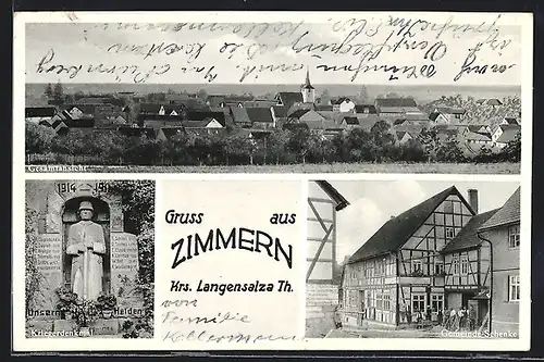 AK Zimmern /Th., Gemeinde-Schenke, Kriegerdenkmal, Ortsansicht aus der Vogelschau