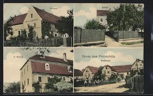 AK Präbschütz, Bäckerei v. Max Seifert, Haus v. F. Miersch, Schule, Dorfstrasse