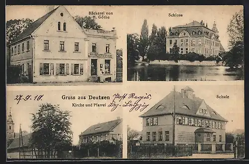 AK Deutzen, Bäckerei von H. Göthe, Schloss, Kirche und Pfarrei, Schule