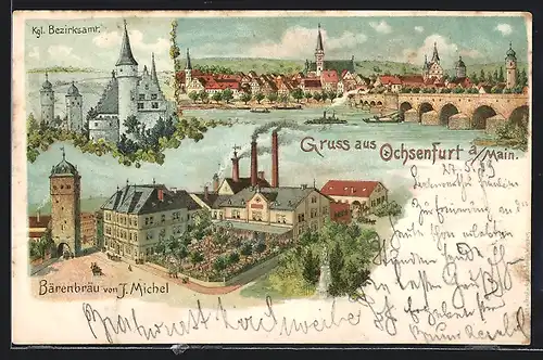 Lithographie Ochsenfurt a. Main, Bärenbräu von J. Michel, Kgl. Bezirksamt, Ortsansicht mit Dampfern