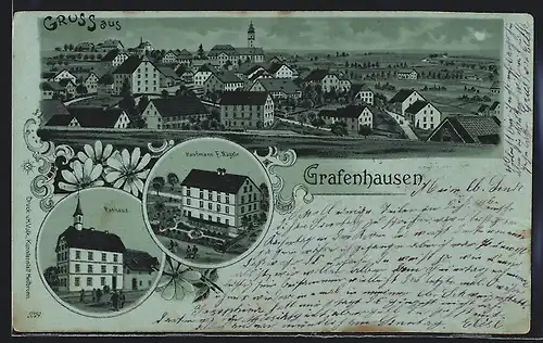 Lithographie Grafenhausen, Kaufmann F. Nägele, Rathaus, Ortsansicht aus der Vogelschau