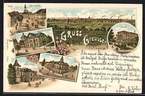 Lithographie Greussen, Gasthaus z. Prinzen Leopold, Marktplatz, Schule