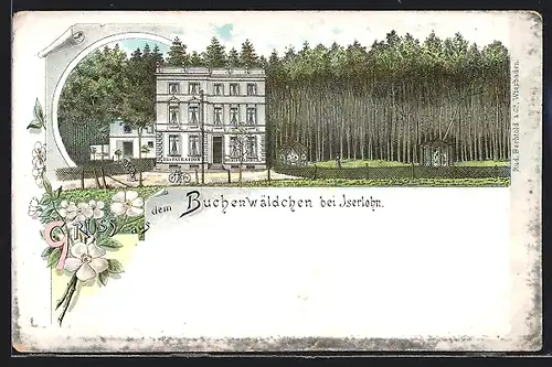 Lithographie Iserlohn, Restauration Buchenwäldchen mit Garten