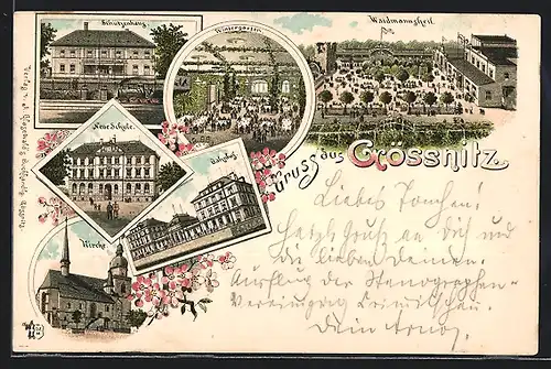 Vorläufer-Lithographie Grössnitz, 1894, Bahnhof, Waidmannsheil, Wintergarten, Schützenhaus, Neue Schule, Kirche