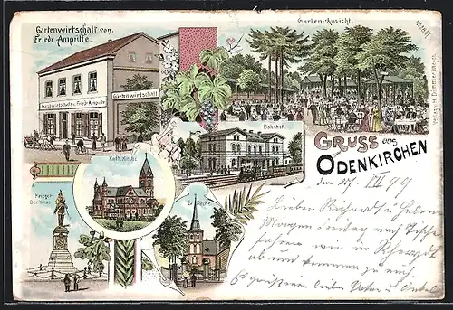 Lithographie Odenkirchen, Bahnhof, Gartenwirtschaft von Friedr. Ampütte, Kriegerdenkmal, Kath. Kirche, Ev. Kirche