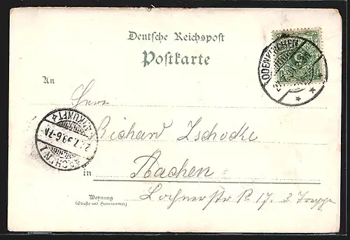 Lithographie Odenkirchen, Bahnhof, Gartenwirtschaft von Friedr. Ampütte, Kriegerdenkmal, Kath. Kirche, Ev. Kirche
