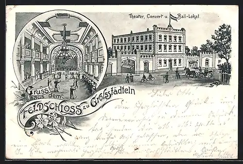 Lithographie Grossstädteln, Theater, Konzert u. Ball-Lokal Feldschloss, Kutsche, Radfahrer