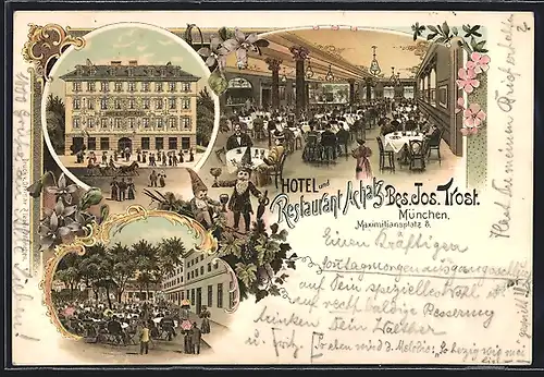 Lithographie München, Hotel und Restaurant Achatz, Bes. Jos. Trost, Maximiliansplatz 8