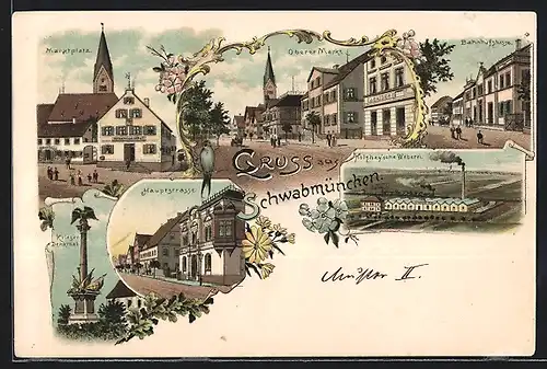 Lithographie Schwabmünchen, Marktplatz, Oberer Markt, Bahnhofstrasse, Hauptstrasse