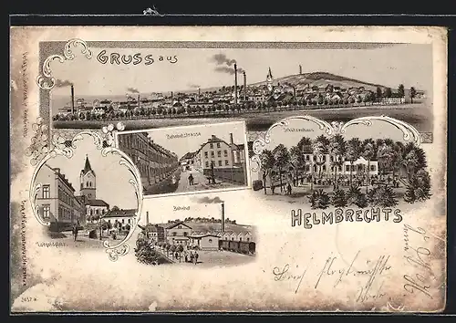 Lithographie Helmbrechts, Gasthaus Schützenhaus, Bahnhofstrasse, Bahnhof