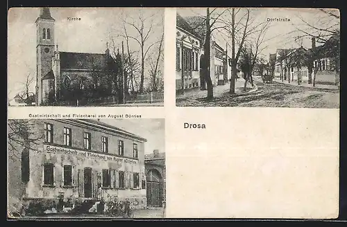 AK Drosa, Gastwirtschaft und Fleischerei von August Dörries, Kirche, Dorfstrasse