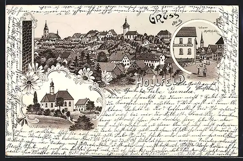 Lithographie Hollfeld, St. Salvator-Kirche, Unterer Marktplatz, Ortsansicht