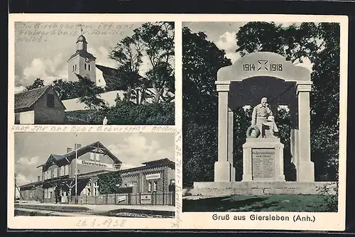 AK Giersleben /Anh., Bahnhof, Kriegerdenkmal, Kirche