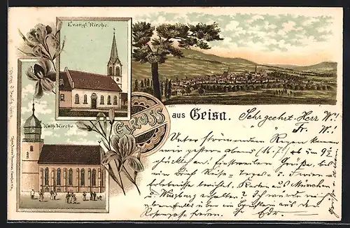 Lithographie Geisa, Evangl. Kirche, Kath. Kirche, Ortsansicht aus der Vogelschau