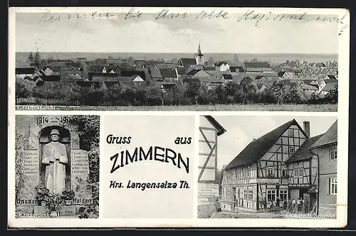 AK Zimmern /Th., Gemeinde-Schenke, Kriegerdenkmal, Ortsansicht mit Kirche