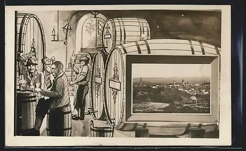 AK Rechnitz, Totalansicht, Passepartout mit Gasthaus-Szene