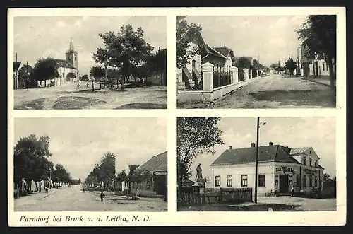 AK Parndorf bei Bruck a. d. Leitha, Gasthaus Frank Illenschitz, Strassenpartie, Kirche