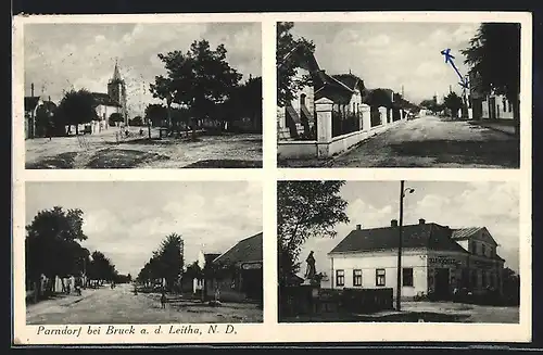 AK Parndorf, Gasthaus von Franz Illenschitz, Strassenpartie mit Kirche