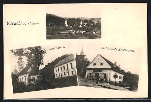 AK Vasdobra, Karl Ziegers Handlung, Orts-Kirchen, Ortsansicht