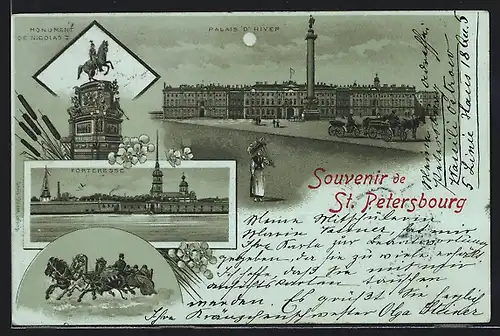 Mondschein-Lithographie St. Petersbourg, Palais d`Hiver, Monument de Nicolas I.