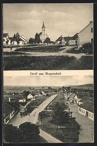 AK Mogersdorf, Ortspartie mit Kirche, Ortsansicht aus der Vogelschau