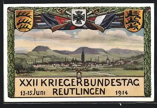 Künstler-AK Ganzsache PP27C257 /01: Reutlingen, XXII. Kriegerbundestag 13.-15. Juni 1914, Ortsansicht