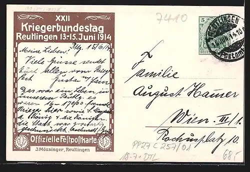 Künstler-AK Ganzsache PP27C257 /01: Reutlingen, XXII. Kriegerbundestag 13.-15. Juni 1914, Ortsansicht